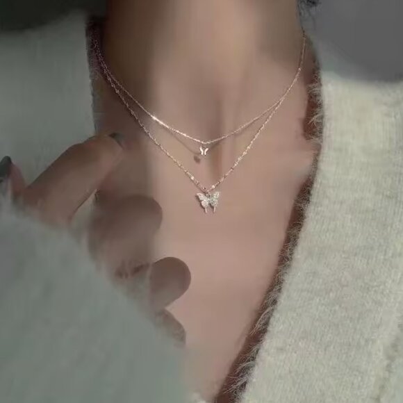 Stainless Steel Silver Double Layered Butterfly Necklace - Picture 3 of 5